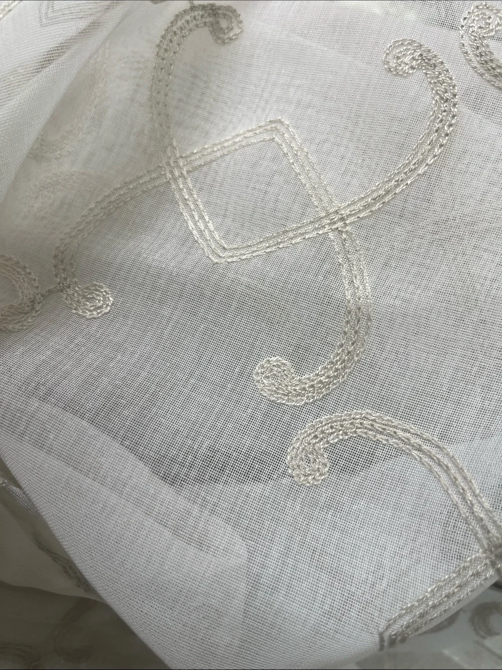 2 Sheer Panel Drapes White with Pale Gray Embroidered